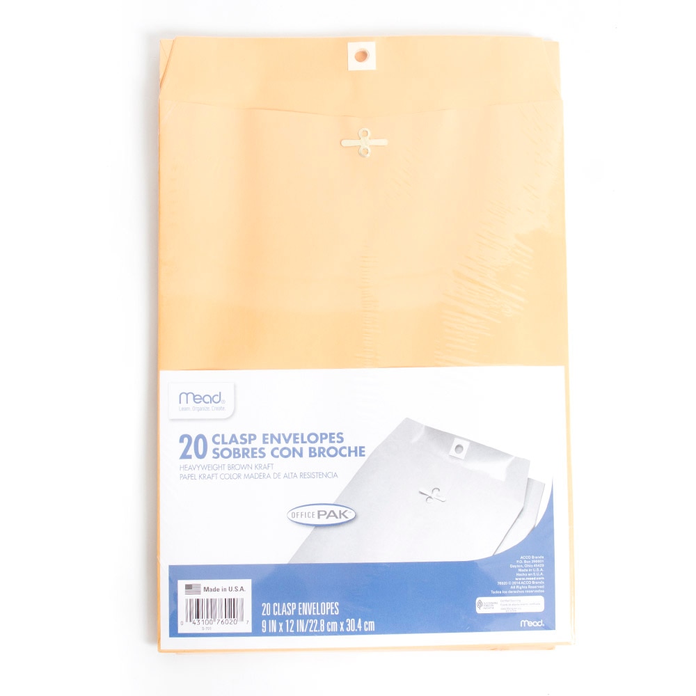 Mead, Yellow, Envelopes, Art & School, 9"x12", Clasp, 20 count, 505359